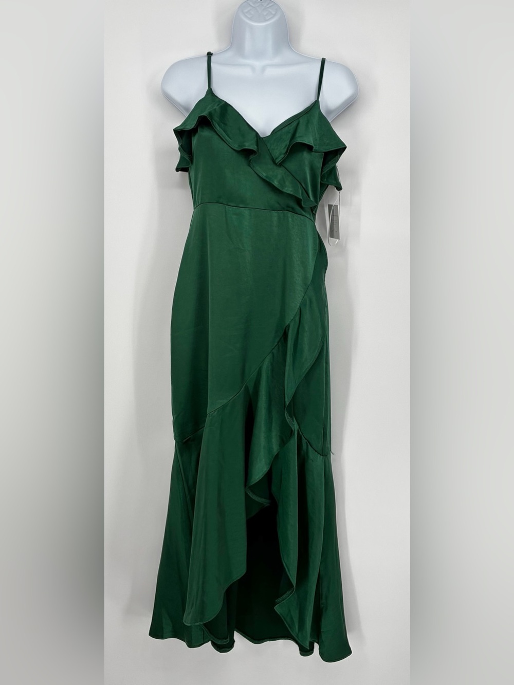 Petal & Pup Emerald Green Satin Ruffle High Low Dress XS
